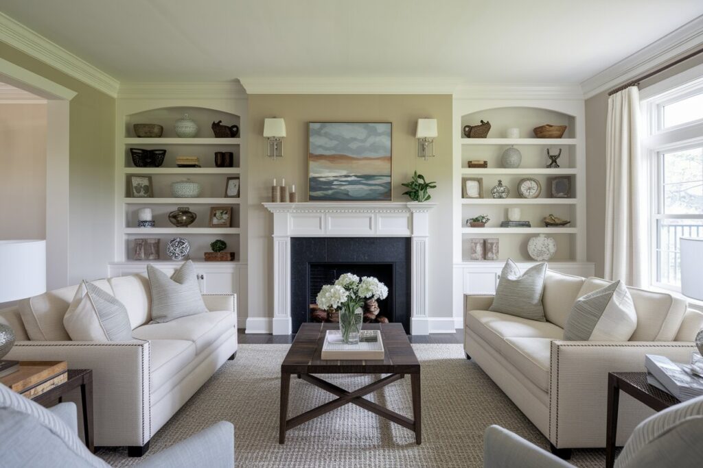 traditional living room with a fireplace, greige walls, two sofas, and white trim