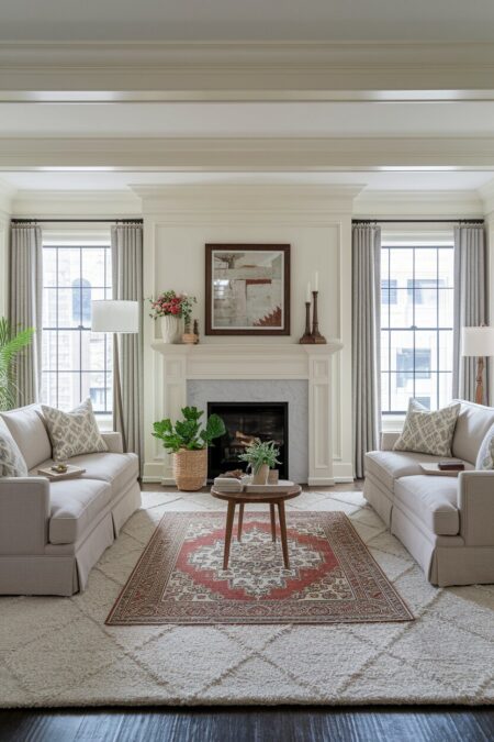 traditional living room with a fireplace, two sofas, a small patterned rug on top of the cream wool rug