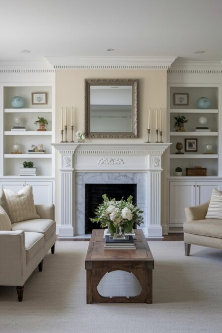 traditional living room with a fireplace with columns and marble elements, built-in shelving, and a wood coffee table