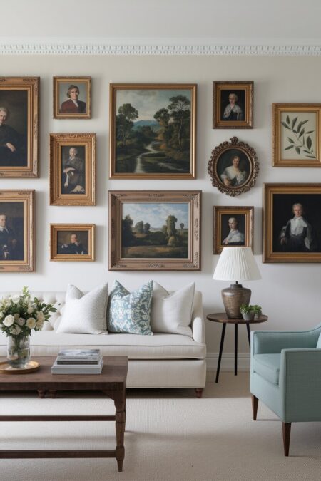traditional living room with a gallery wall of landscape paintings and portraits