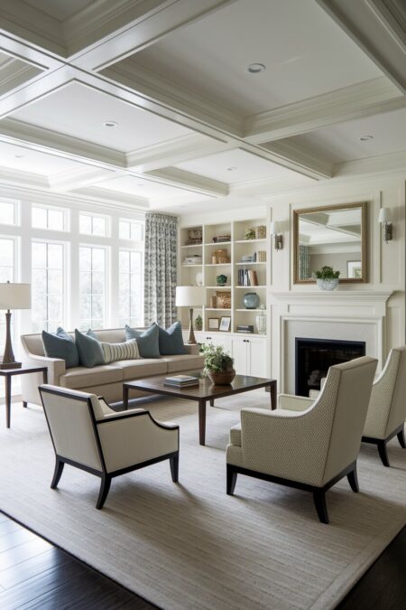 traditional living room with a sofa and chairs mirror each other around a fireplace, matching end tables and lamps