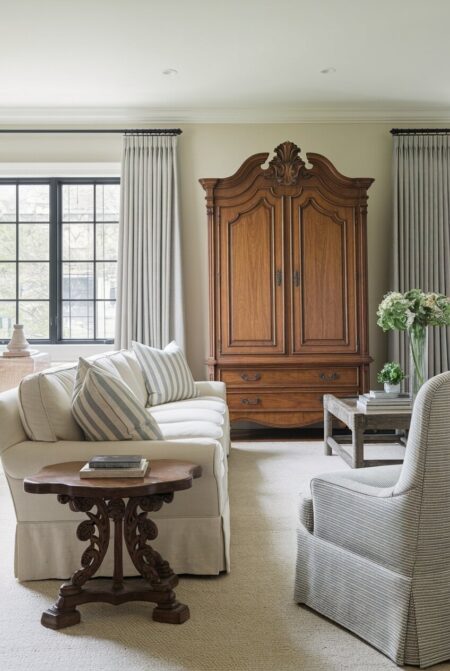traditional living room with an old wood armoire