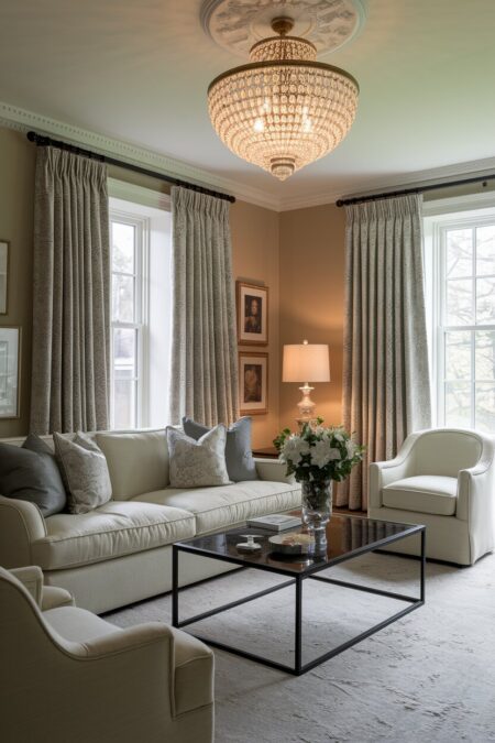 traditional living room with beige walls, a vintage crystal chandelier, light color sofa and armchairs, a black coffee table
