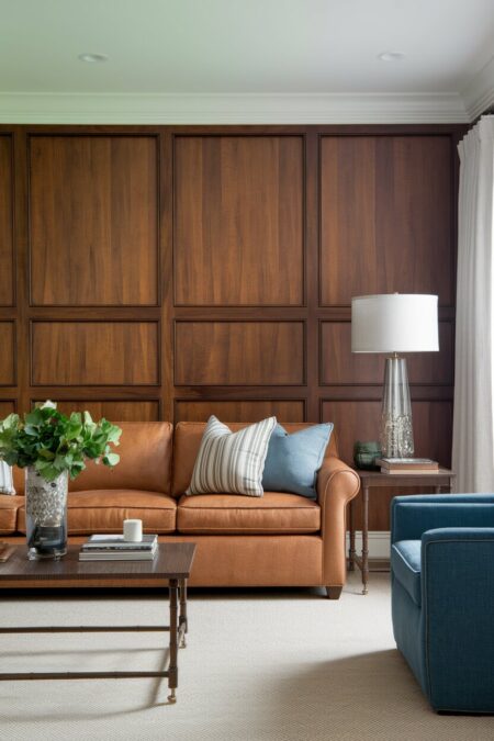 traditional living room with mahogany wood wall panelling (wainscoting), a leather sofa, and a blue armchair