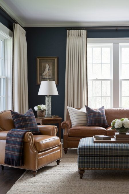 traditional living room with muted dark blue walls, leather seating, plaid and tartan textiles