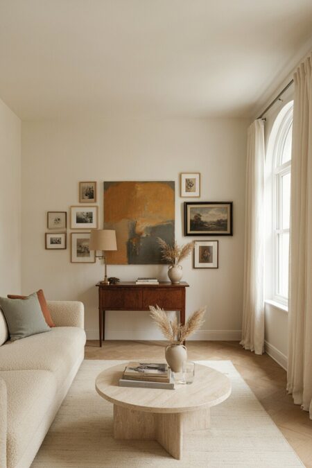 transitional living room with a boucle sofa, vintage prints, a bold abstract canvas, and a vintage wood console table