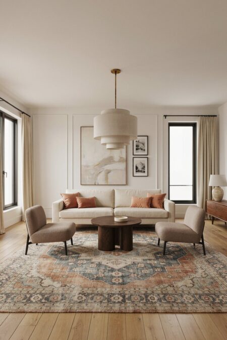 transitional living room with a contemporary sofa, a vintage Oriental rug, and a multi-tier drum pendant light