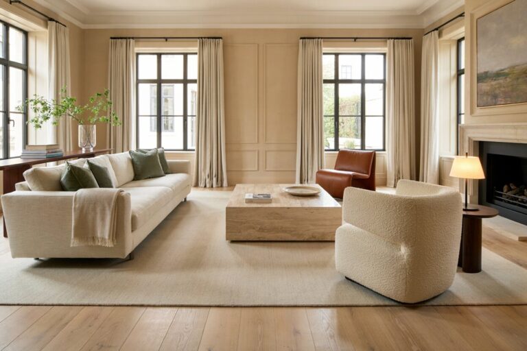 transitional living room has contemporary track-arm sofa, a fireplace, leather and boucle accent chairs