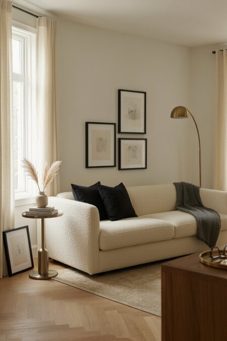 transitional living room has a cream boucle sofa with black pillows, a brass floor lamp, black picture frames, and a nickel side table