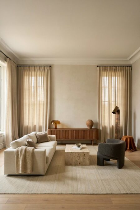 transitional living room has linen sofa and drapery, a nubby charcoal boucle accent chair, and a chunky knit wool throw