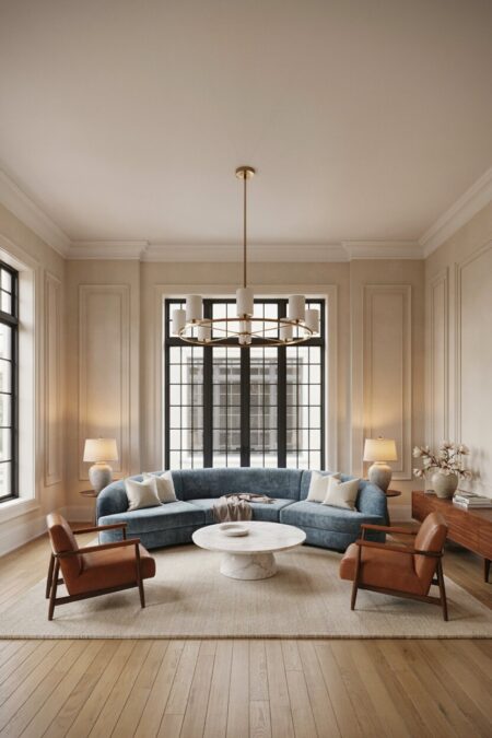 transitional living room with a mineral-blue chenille sofa, wall moldings, a circular modern brass chandelier, and leather accent chairs