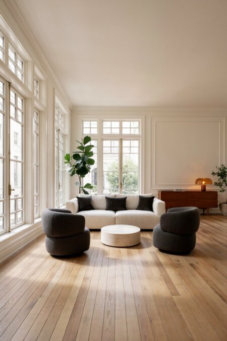 transitional living room has an off-white sofa with clean lines, dark barrel-back accent chairs in charcoal gray boucle fabric, wall moldings, and a long, credenza in rich walnut wood holding an amber glass mushroom lamp