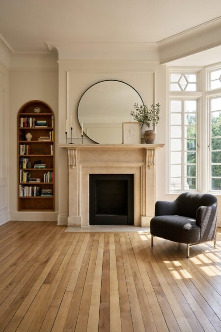transitional living room with a traditional fireplace, a round mirror in the black frame, a charcoal boucle accent chair, and a wooden recessed arch niche with shelves