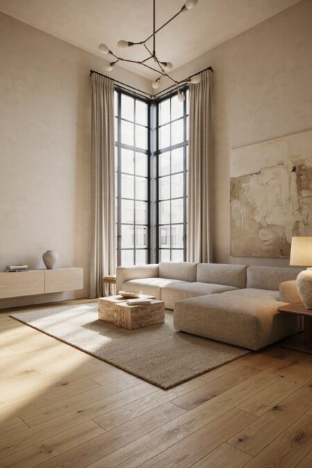 Warm neutral transitional living room with creamy ivory plaster walls, black industrial grid windows, and low-slung sectional sofa in highly textured oatmeal-colored linen fabric. On the right wall is a massive abstract canvas painting.