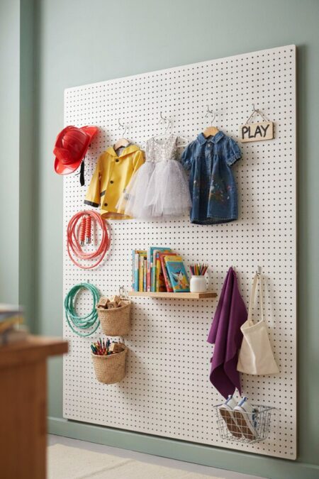 white pegboard with toys, dress-up costumes, jump ropes, and books on a shelf
